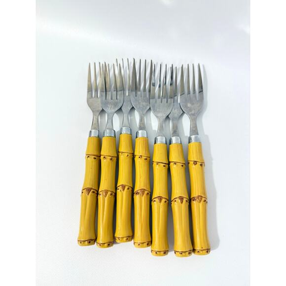Plastic Bamboo Stainless Flatware Set 24pc Service for 8 Tropical Unique Forks - Picture 8 of 8